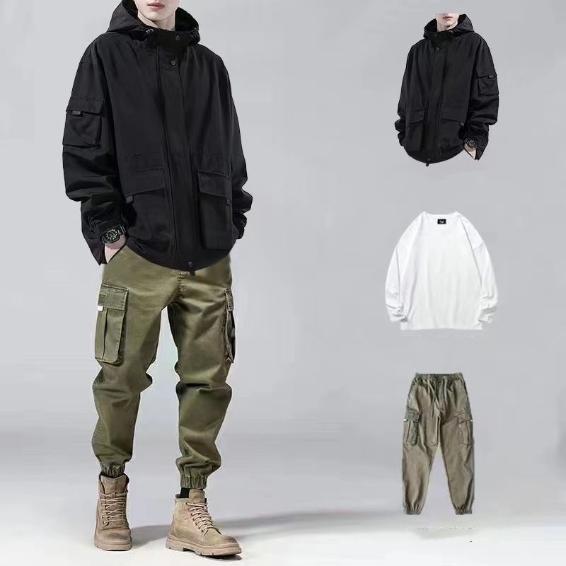 秋冬新作 メンズファッション3点セット ハンサム防風アウター+シンプルTシャツ+ゆったりカーゴパンツセット 母の日-0002657 秋冬新作 メンズファッション3点セット ハンサム防風アウター+シンプルTシャツ+ゆったりカーゴパンツセット 母の日-0002657