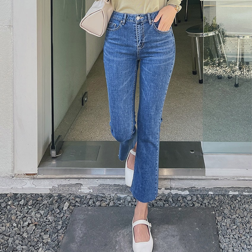 [tje0030] 韓国ファッション 2COLOR セミブーツカットデニムパンツ