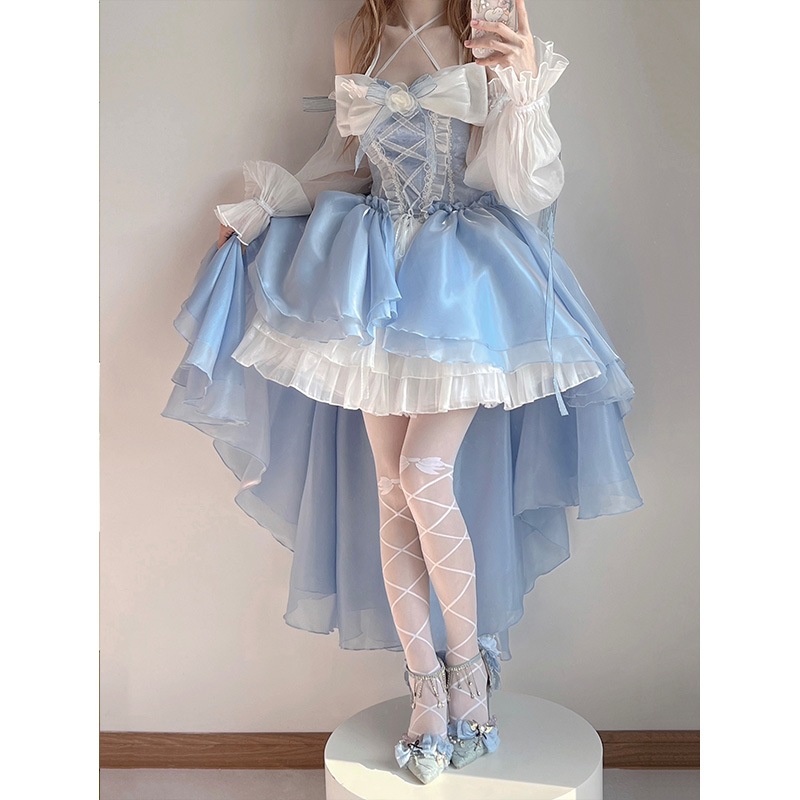 エレガントなレディブルーのロリータドレス前が短く後ろが長いウェディング重工業テールプリンセスドレス エレガントなレディブルーのロリータドレス前が短く後ろが長いウェディング重工業テールプリンセスドレス