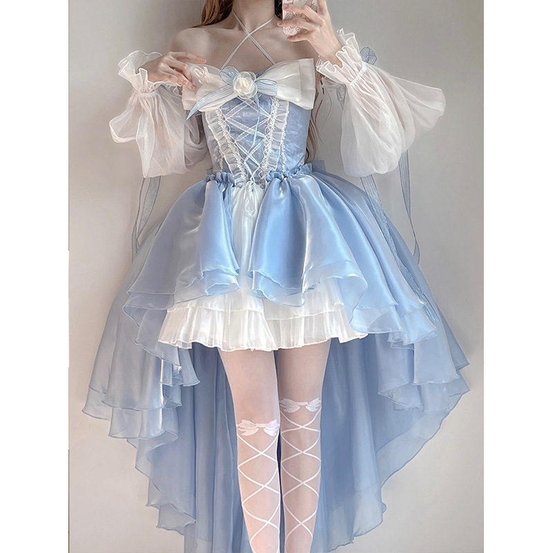 エレガントなレディブルーのロリータドレス前が短く後ろが長いウェディング重工業テールプリンセスドレス エレガントなレディブルーのロリータドレス前が短く後ろが長いウェディング重工業テールプリンセスドレス