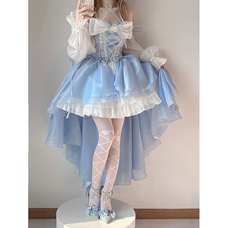 エレガントなレディブルーのロリータドレス前が短く後ろが長いウェディング重工業テールプリンセスドレス エレガントなレディブルーのロリータドレス前が短く後ろが長いウェディング重工業テールプリンセスドレス