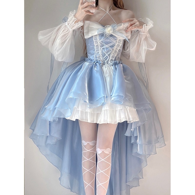 エレガントなレディブルーのロリータドレス前が短く後ろが長いウェディング重工業テールプリンセスドレス エレガントなレディブルーのロリータドレス前が短く後ろが長いウェディング重工業テールプリンセスドレス