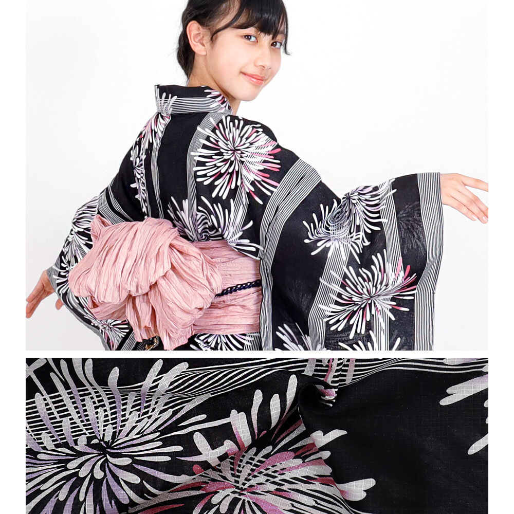 子供浴衣　単品　ジュニア　ジュニア浴衣　子供　浴衣　女の子浴衣　１４０　１５０　１６０　レトロ　お洒落　花火　黒　紫　ピンク