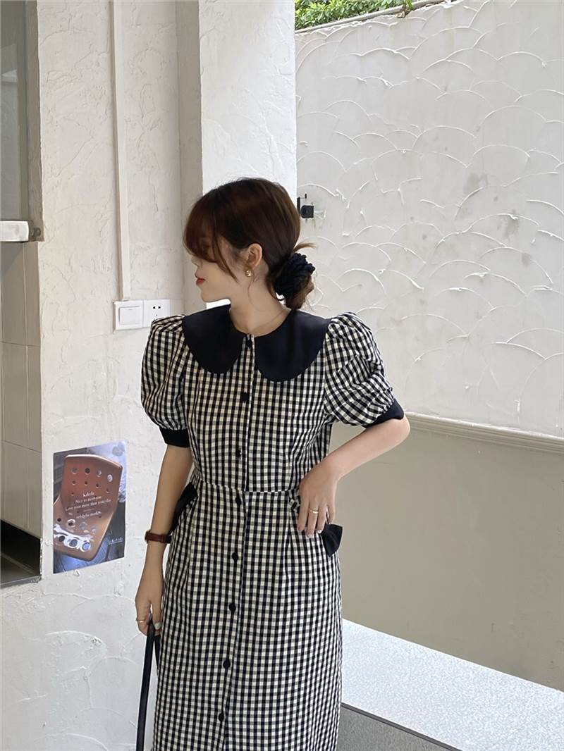 2色 ワンピース ビックカラー ラージカラー ブラック イエロー ミモレ丈 リボン ギンガムチェック パフスリーブ レトロ 可愛い 個性的 フレア ワンピース ドレス 襟付き 半袖 ガーリー 華やか