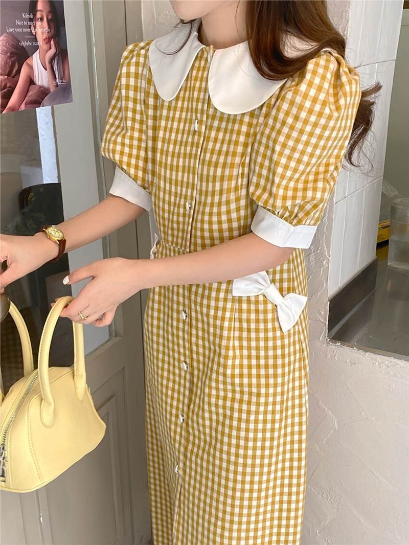 2色 ワンピース ビックカラー ラージカラー ブラック イエロー ミモレ丈 リボン ギンガムチェック パフスリーブ レトロ 可愛い 個性的 フレア ワンピース ドレス 襟付き 半袖 ガーリー 華やか