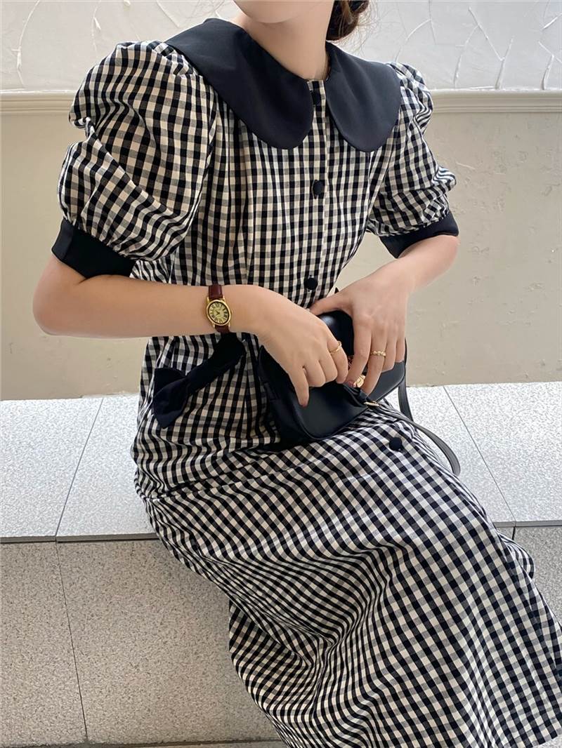 2色 ワンピース ビックカラー ラージカラー ブラック イエロー ミモレ丈 リボン ギンガムチェック パフスリーブ レトロ 可愛い 個性的 フレア ワンピース ドレス 襟付き 半袖 ガーリー 華やか