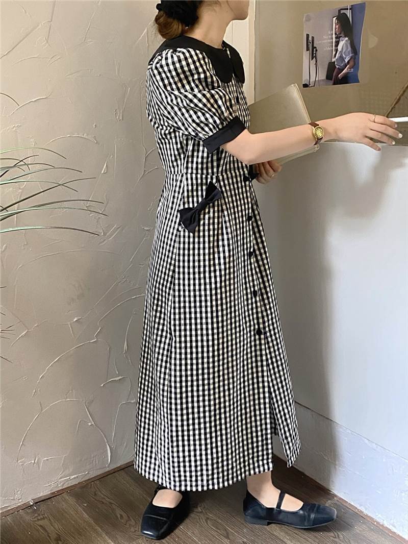 2色 ワンピース ビックカラー ラージカラー ブラック イエロー ミモレ丈 リボン ギンガムチェック パフスリーブ レトロ 可愛い 個性的 フレア ワンピース ドレス 襟付き 半袖 ガーリー 華やか