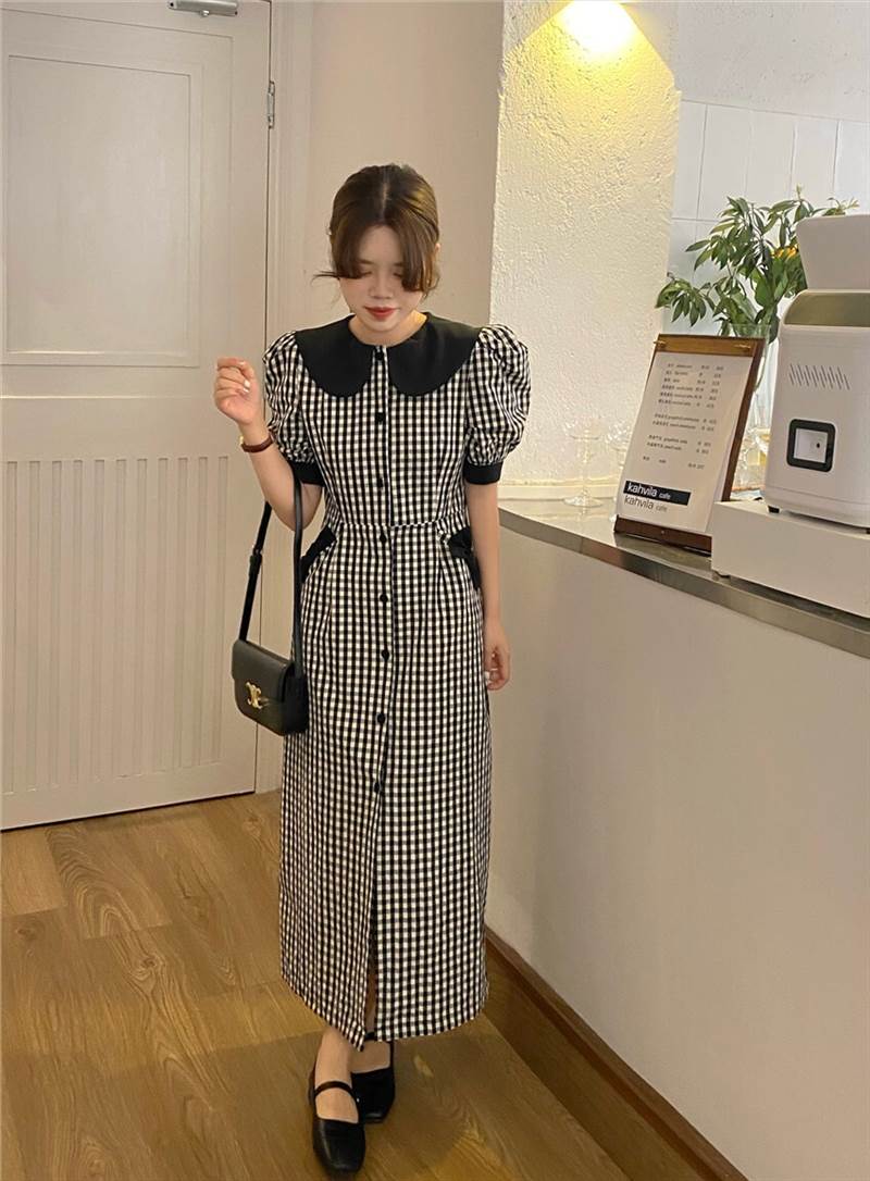 2色 ワンピース ビックカラー ラージカラー ブラック イエロー ミモレ丈 リボン ギンガムチェック パフスリーブ レトロ 可愛い 個性的 フレア ワンピース ドレス 襟付き 半袖 ガーリー 華やか