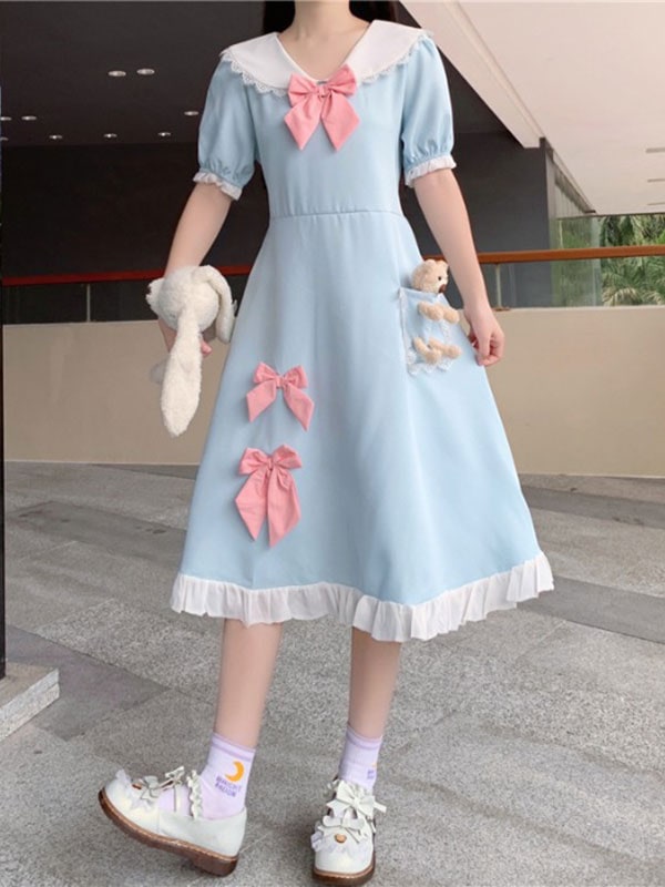 【短納期】スウィートロリータオペレーションドレスピーターパン襟ポリエステルボウ半袖ライトスカイブルーロリータワンピースドレス