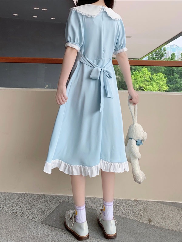 【短納期】スウィートロリータオペレーションドレスピーターパン襟ポリエステルボウ半袖ライトスカイブルーロリータワンピースドレス