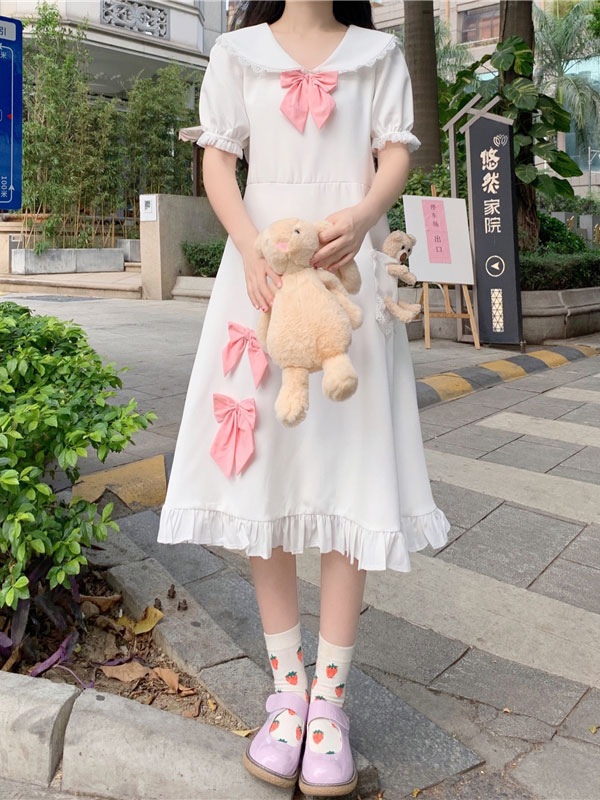 【短納期】スウィートロリータオペレーションドレスピーターパン襟ポリエステルボウ半袖ライトスカイブルーロリータワンピースドレス