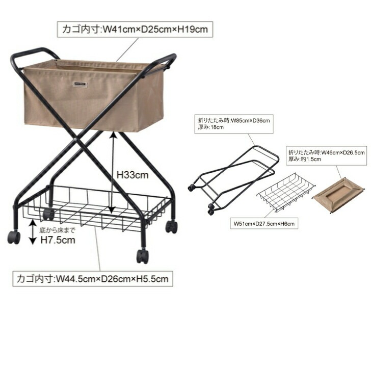 バスケットワゴン 折りたたみ キャスター付き ランドリー キッチン サイドワゴン 棚付き スチール グリーン ベージュ ブラック MIP-83