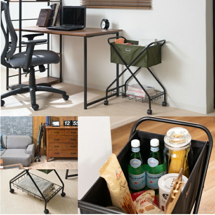 バスケットワゴン 折りたたみ キャスター付き ランドリー キッチン サイドワゴン 棚付き スチール グリーン ベージュ ブラック MIP-83