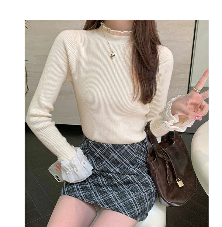 パール付き 袖フレア トップス リブニット レース 長袖 ゆったり 楽ちん カジュアル あったか 暖か レディースファッション 代 30代 40代 50代 60代 ワンピスター パール付き 袖フレア トップス リブニット レース 長袖 ゆったり 楽ちん カジュアル あったか 暖か レディースファッション 代 30代 40代 50代 60代 ワンピスター