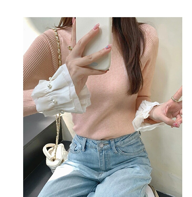 パール付き 袖フレア トップス リブニット レース 長袖 ゆったり 楽ちん カジュアル あったか 暖か レディースファッション 代 30代 40代 50代 60代 ワンピスター パール付き 袖フレア トップス リブニット レース 長袖 ゆったり 楽ちん カジュアル あったか 暖か レディースファッション 代 30代 40代 50代 60代 ワンピスター