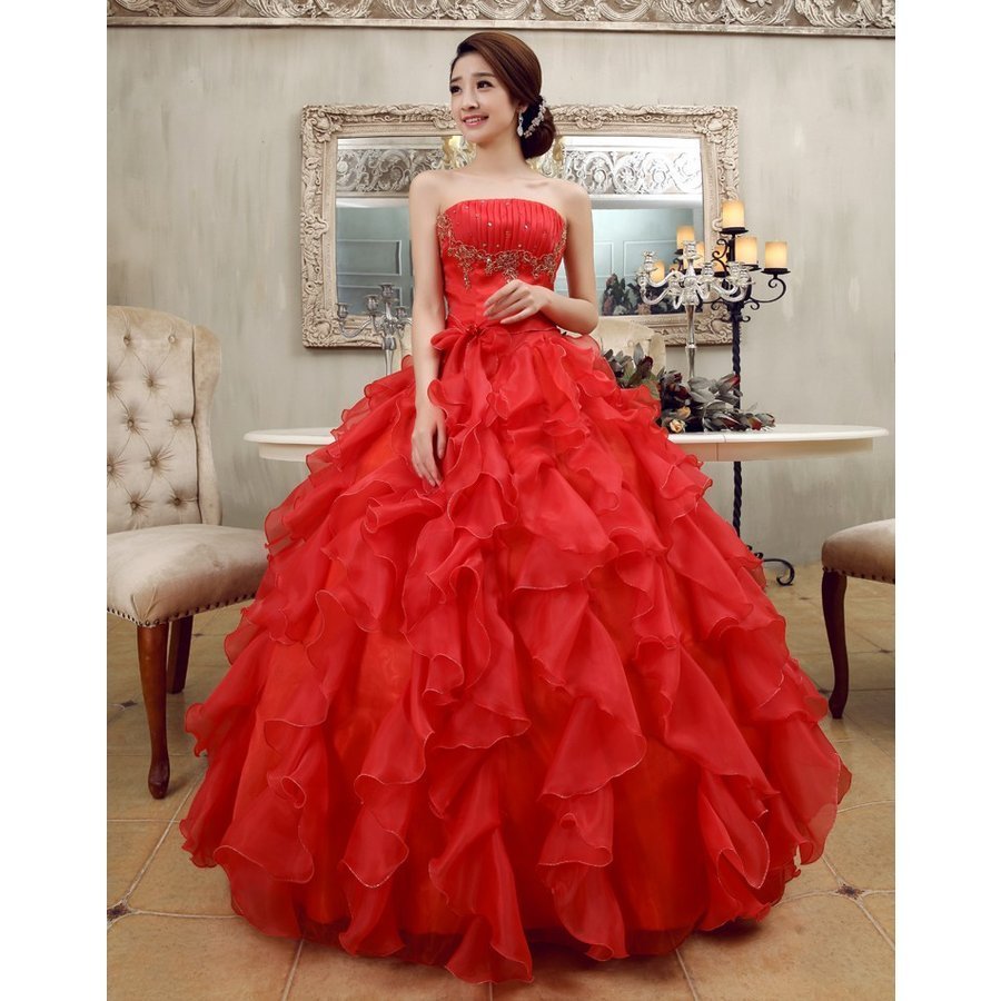 ウェディングドレス カラードレス 赤 演奏会 安い パーティードレス 披露宴 二次会 ロングドレス