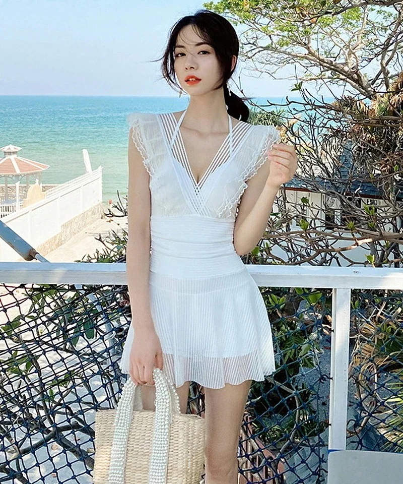 水着レディーオールインフレースシアーフレア水着大きい体型カバーホルターネックセクショートパンツスカートリゾート上品可愛い韓国風韓国ファッション6