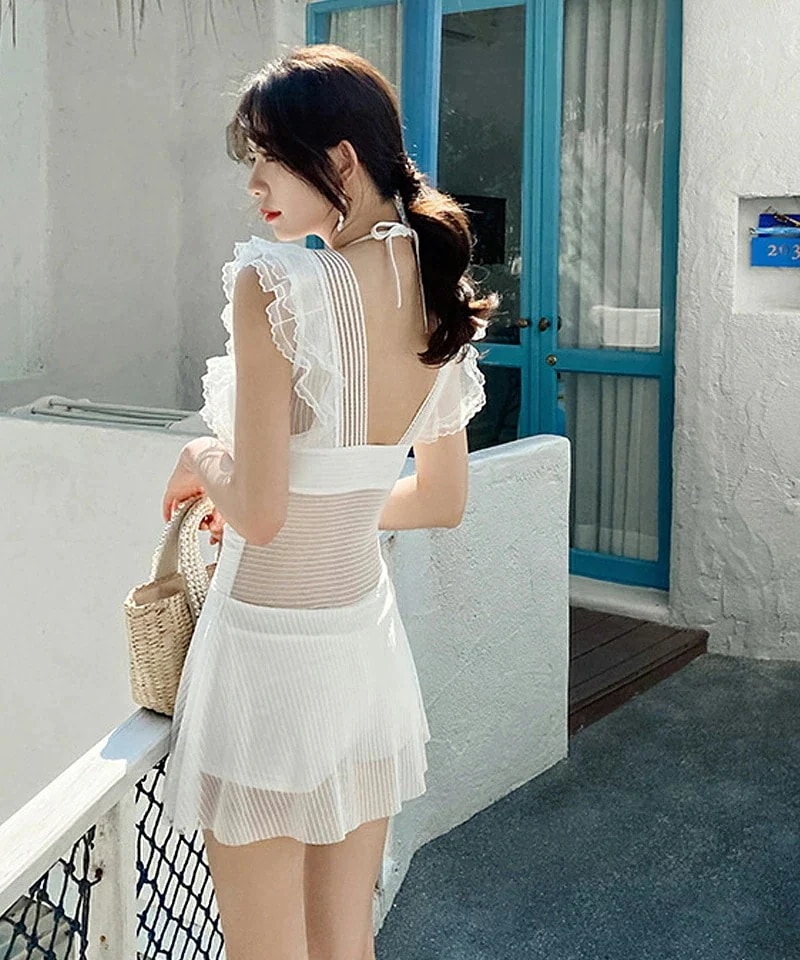 水着レディーオールインフレースシアーフレア水着大きい体型カバーホルターネックセクショートパンツスカートリゾート上品可愛い韓国風韓国ファッション6