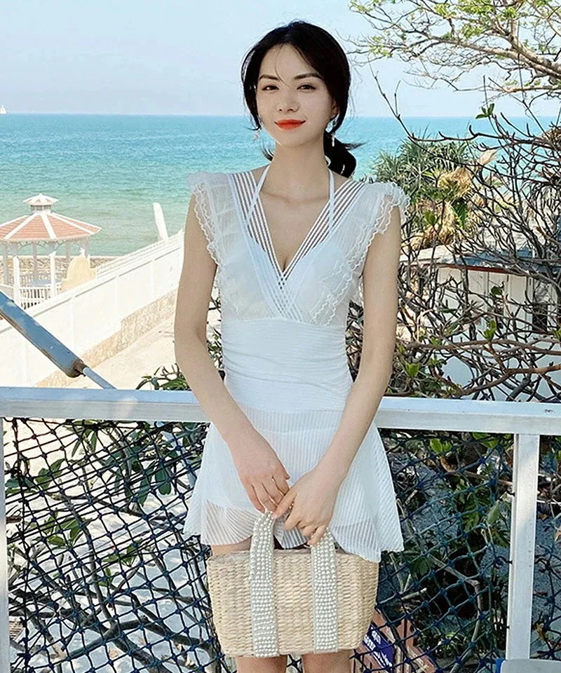 水着レディーオールインフレースシアーフレア水着大きい体型カバーホルターネックセクショートパンツスカートリゾート上品可愛い韓国風韓国ファッション6