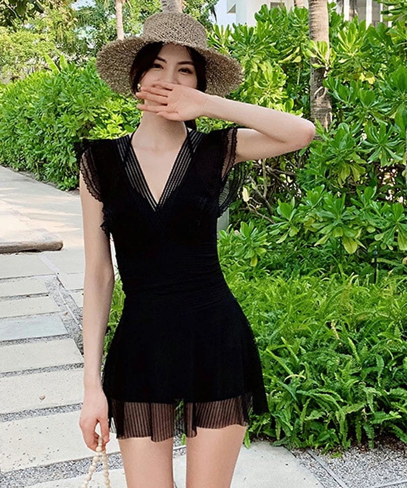 水着レディーオールインフレースシアーフレア水着大きい体型カバーホルターネックセクショートパンツスカートリゾート上品可愛い韓国風韓国ファッション6