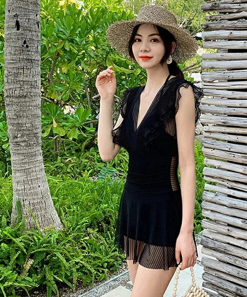 水着レディーオールインフレースシアーフレア水着大きい体型カバーホルターネックセクショートパンツスカートリゾート上品可愛い韓国風韓国ファッション6