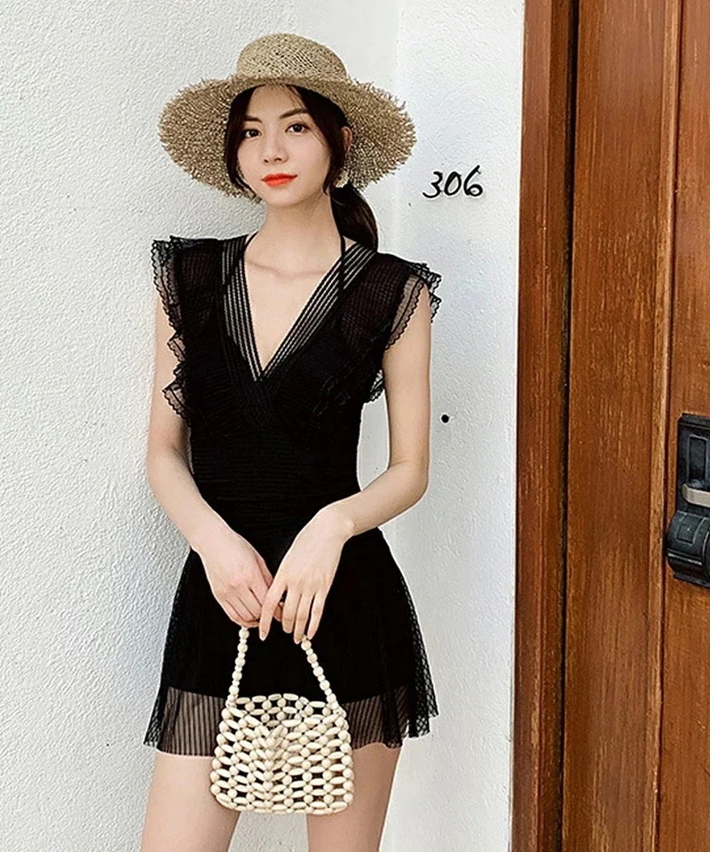 水着レディーオールインフレースシアーフレア水着大きい体型カバーホルターネックセクショートパンツスカートリゾート上品可愛い韓国風韓国ファッション6