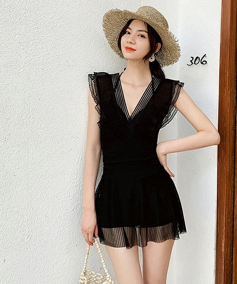 水着レディーオールインフレースシアーフレア水着大きい体型カバーホルターネックセクショートパンツスカートリゾート上品可愛い韓国風韓国ファッション6