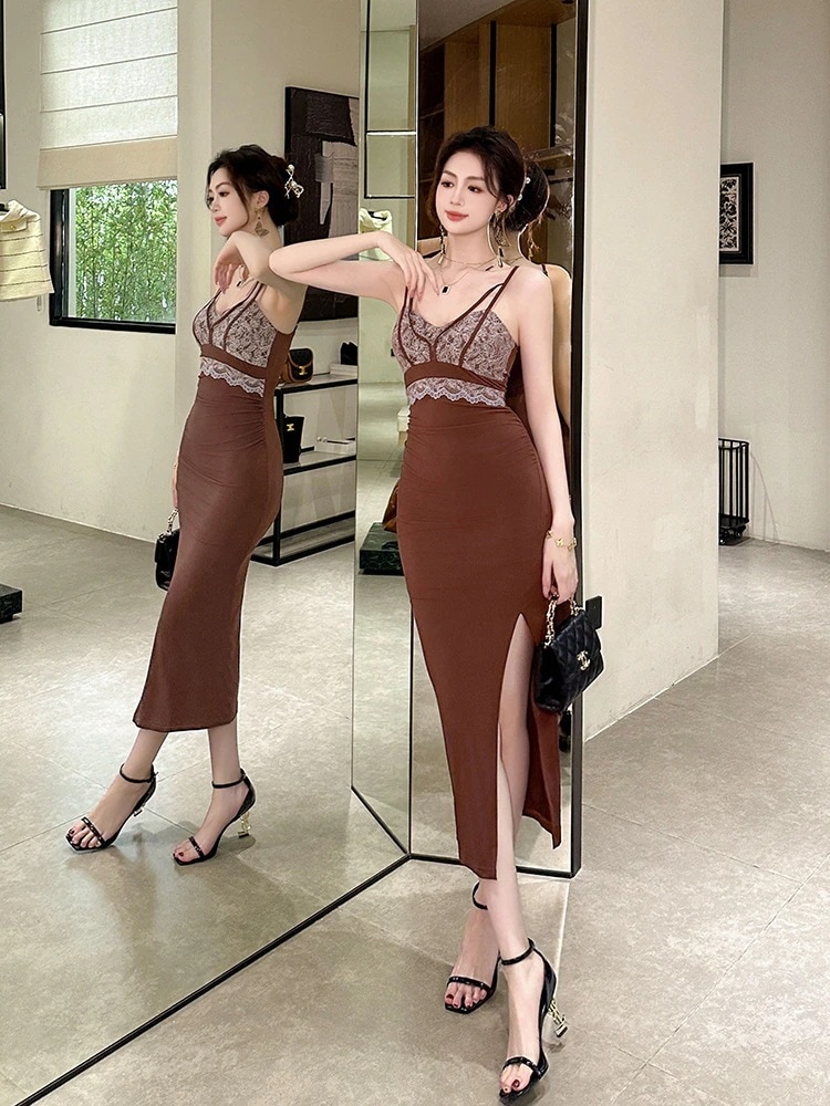 JY.上品 キャミワンピース Vネック スリット タイト ドレス パーティー 着痩せ 大人 お呼ばれ 同窓会 披露宴 卒業式 結婚式 ウェディング 二次会 成人式