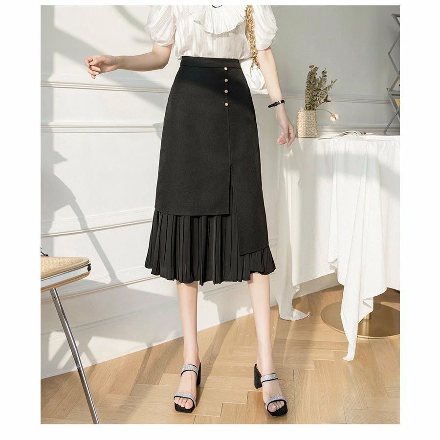 【送料無料】通勤OL スカート ボトムス ハイウエスト 不規則 レディース 美脚 黒 プリーツスカートミディアム丈 タイトスカート 春夏 ひざ丈