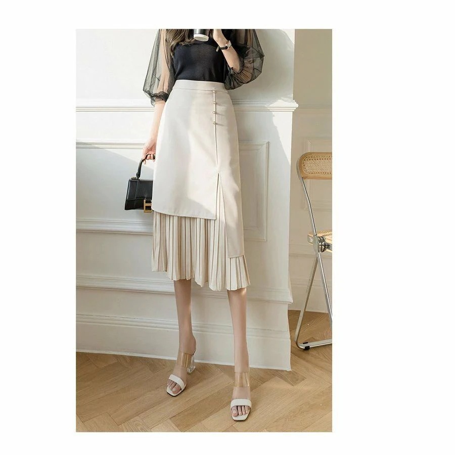 【送料無料】通勤OL スカート ボトムス ハイウエスト 不規則 レディース 美脚 黒 プリーツスカートミディアム丈 タイトスカート 春夏 ひざ丈