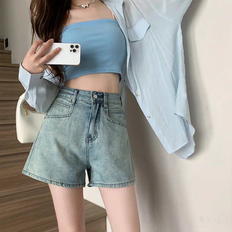 夏に着る女性用ハイウエストデニムショートパンツゆったり着痩せブルーの小さいワイドレッグaラインホットパンツ薄いセクション 夏に着る女性用ハイウエストデニムショートパンツゆったり着痩せブルーの小さいワイドレッグaラインホットパンツ薄いセクション