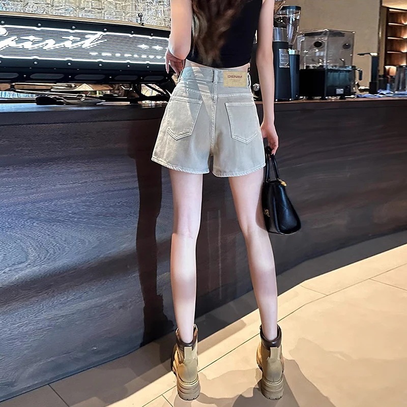 夏に着る女性用ハイウエストデニムショートパンツゆったり着痩せブルーの小さいワイドレッグaラインホットパンツ薄いセクション 夏に着る女性用ハイウエストデニムショートパンツゆったり着痩せブルーの小さいワイドレッグaラインホットパンツ薄いセクション