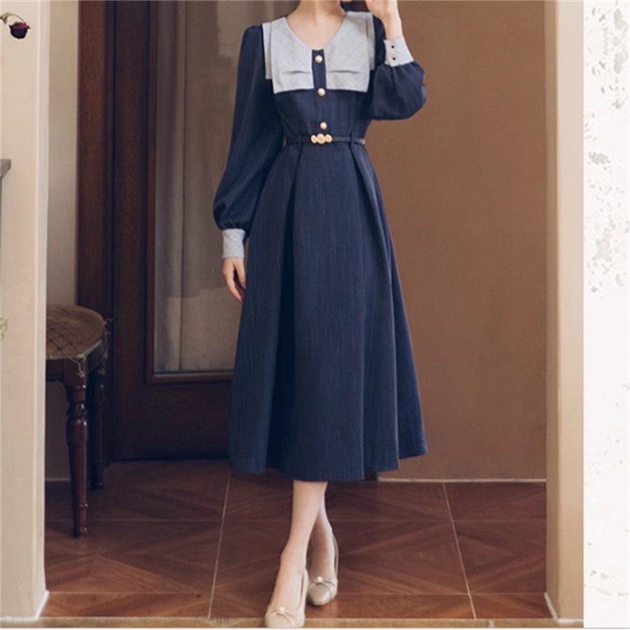 【3日で出荷】ロングドレス 3色 パーティドレス マキシ ミモレ 長袖 襟付き Aライン フレア ボタン エレガント 可愛い 大人可愛い きれいめ シンプル カジュアル シック コンサバ 華やか 大人