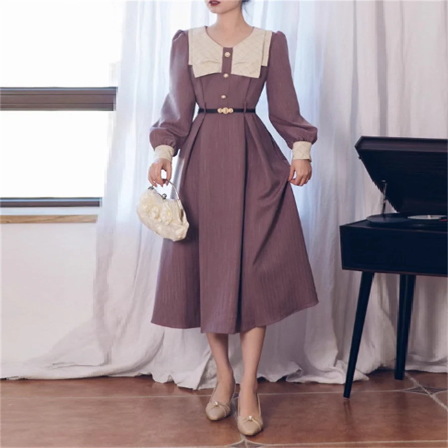 【3日で出荷】ロングドレス 3色 パーティドレス マキシ ミモレ 長袖 襟付き Aライン フレア ボタン エレガント 可愛い 大人可愛い きれいめ シンプル カジュアル シック コンサバ 華やか 大人