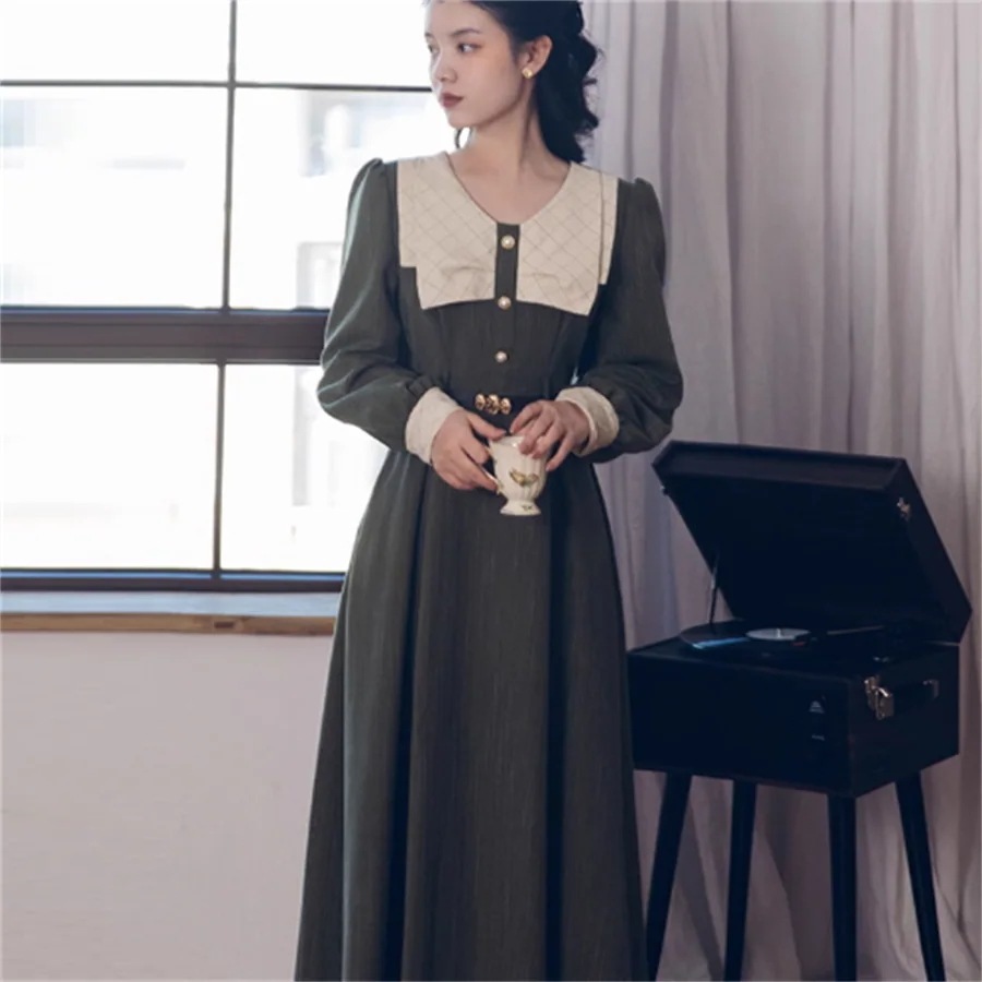 【3日で出荷】ロングドレス 3色 パーティドレス マキシ ミモレ 長袖 襟付き Aライン フレア ボタン エレガント 可愛い 大人可愛い きれいめ シンプル カジュアル シック コンサバ 華やか 大人