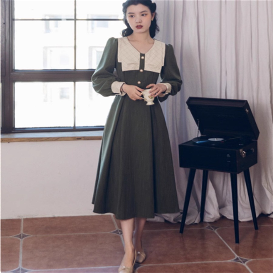 【3日で出荷】ロングドレス 3色 パーティドレス マキシ ミモレ 長袖 襟付き Aライン フレア ボタン エレガント 可愛い 大人可愛い きれいめ シンプル カジュアル シック コンサバ 華やか 大人