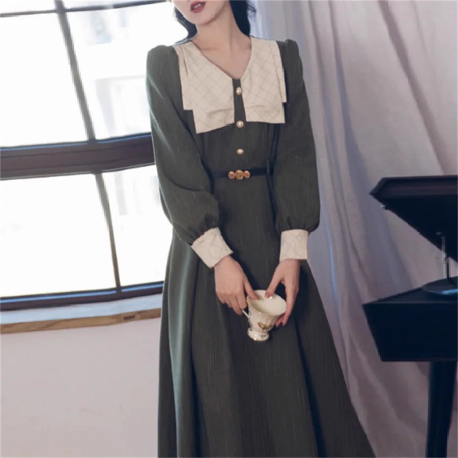 【3日で出荷】ロングドレス 3色 パーティドレス マキシ ミモレ 長袖 襟付き Aライン フレア ボタン エレガント 可愛い 大人可愛い きれいめ シンプル カジュアル シック コンサバ 華やか 大人