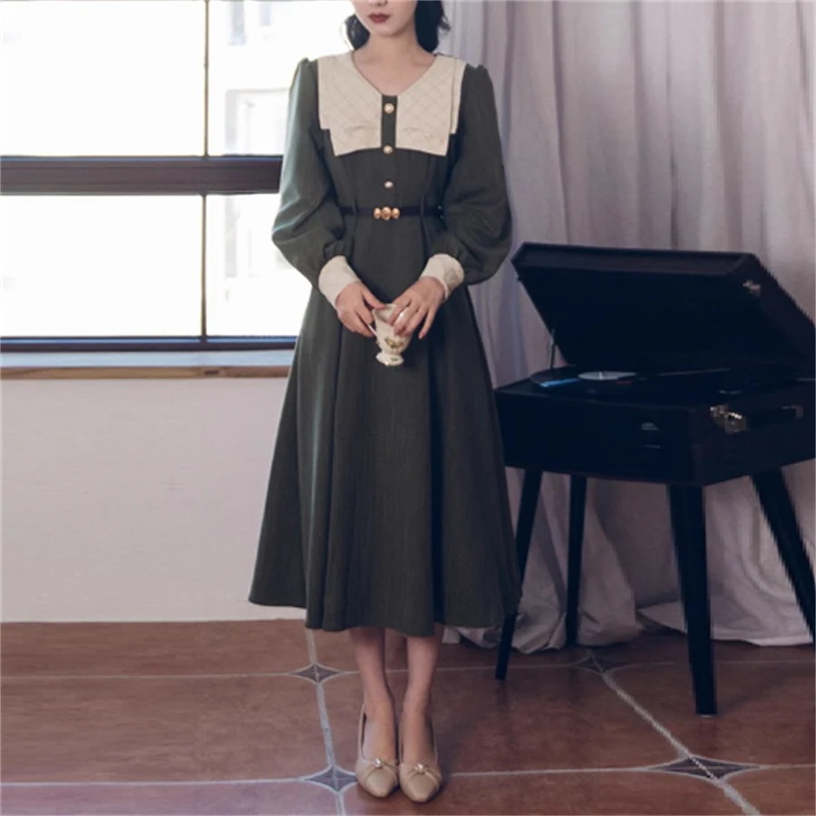 【3日で出荷】ロングドレス 3色 パーティドレス マキシ ミモレ 長袖 襟付き Aライン フレア ボタン エレガント 可愛い 大人可愛い きれいめ シンプル カジュアル シック コンサバ 華やか 大人