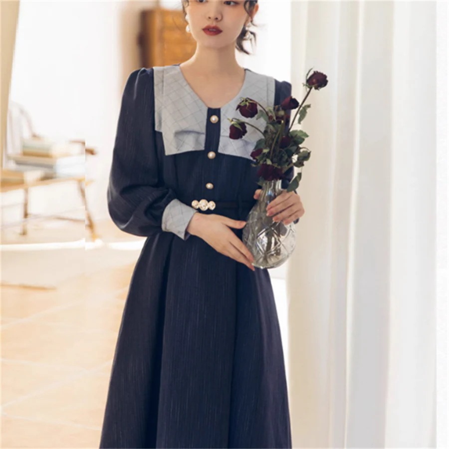 【3日で出荷】ロングドレス 3色 パーティドレス マキシ ミモレ 長袖 襟付き Aライン フレア ボタン エレガント 可愛い 大人可愛い きれいめ シンプル カジュアル シック コンサバ 華やか 大人