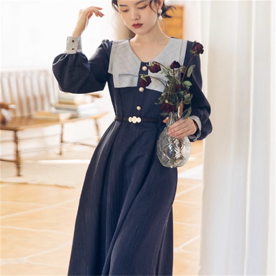 【3日で出荷】ロングドレス 3色 パーティドレス マキシ ミモレ 長袖 襟付き Aライン フレア ボタン エレガント 可愛い 大人可愛い きれいめ シンプル カジュアル シック コンサバ 華やか 大人