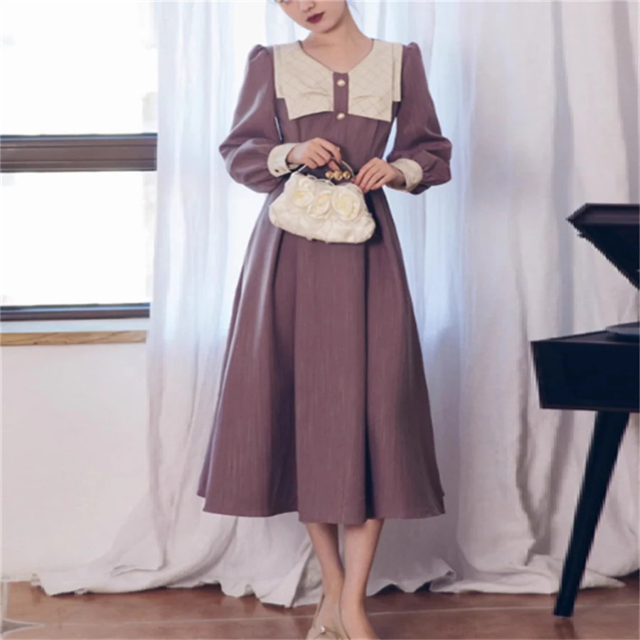 【3日で出荷】ロングドレス 3色 パーティドレス マキシ ミモレ 長袖 襟付き Aライン フレア ボタン エレガント 可愛い 大人可愛い きれいめ シンプル カジュアル シック コンサバ 華やか 大人