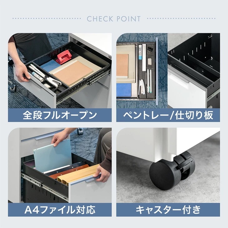 デスクワゴン 3段 キャスター付き 完成品 鍵付き 全段 フルオープン サイドワゴン オフィスワゴン 収納ワゴン A4 ファイルワゴン 大容量 収納 ワゴン 脇机 引き出し ペントレー シリンダー錠