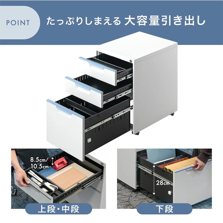 デスクワゴン 3段 キャスター付き 完成品 鍵付き 全段 フルオープン サイドワゴン オフィスワゴン 収納ワゴン A4 ファイルワゴン 大容量 収納 ワゴン 脇机 引き出し ペントレー シリンダー錠