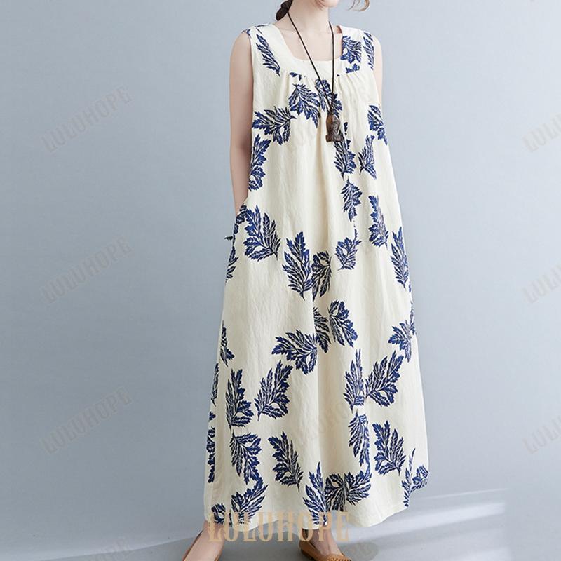ワンピース レディース 綿 リゾートワンピ ノーカラー ノースリーブ ハワイアン 夏 ロングワンピース マキシワンピ マキシワンピ リゾート リゾートワンピース