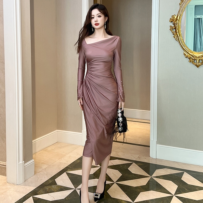 【JY.上品】 2025秋冬新品 ワンショルダー オフショル シワ タイト ドレス パーティー キャバ 大人 同窓会 披露宴 卒業式 結婚式 演奏会 ウェディング 二次会 メガ割