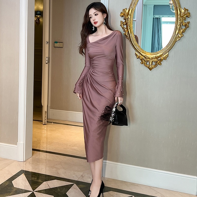 【JY.上品】 2025秋冬新品 ワンショルダー オフショル シワ タイト ドレス パーティー キャバ 大人 同窓会 披露宴 卒業式 結婚式 演奏会 ウェディング 二次会 メガ割