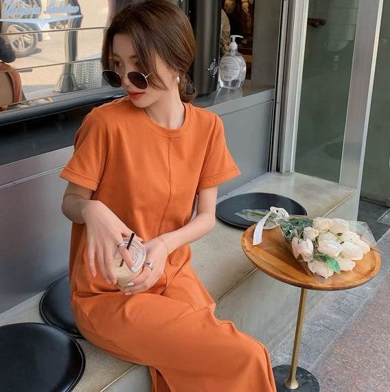 レディース ワンピース ルームウェア ロング 半袖 ラウンドネック