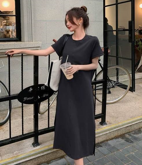 レディース ワンピース ルームウェア ロング 半袖 ラウンドネック ストレート Iライン 背中開き タック スリット サイドスリット バックコンシャス 大人可愛い カジュアル 上品 こなれ感 シンプル レディース ワンピース ルームウェア ロング 半袖 ラウンドネック