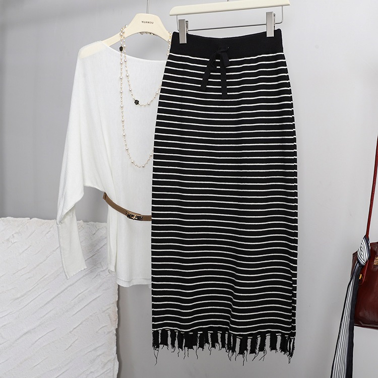 【送.料.無.料.急速発送】【新作】デザイン感ストライプフリンジニットスカートドローコードヒップバッグロングスカート 【送.料.無.料.急速発送】【新作】デザイン感ストライプフリンジニットスカートドローコードヒップバッグロングスカート
