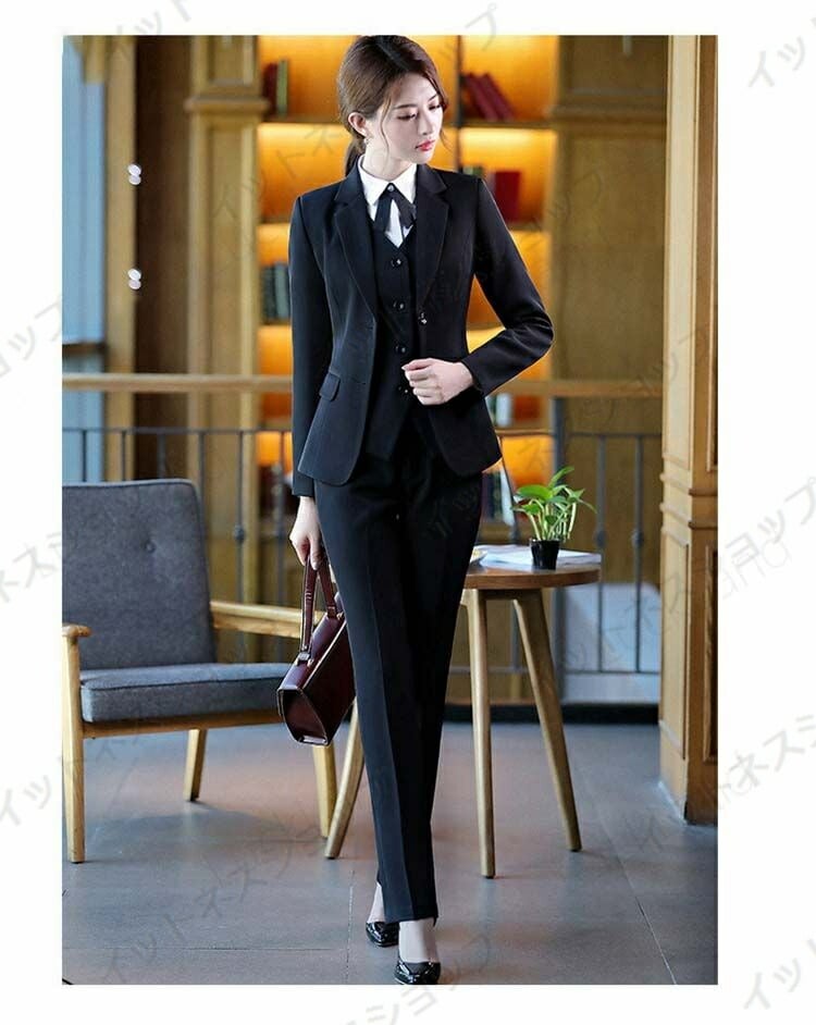 【本日限定激安格】ギフト 4点セット スーツセット セットアップ スーツ レディース 就職活動 黒 紺 2colors スーツ ジャケット ベスト 長袖 シャツ ロング丈パンツ 長ズボン スカート 二